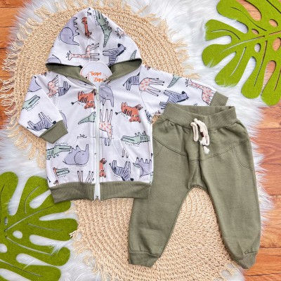 Conj. Jaqueta de Linho Ursinhos e Calça de Moletom - Verde